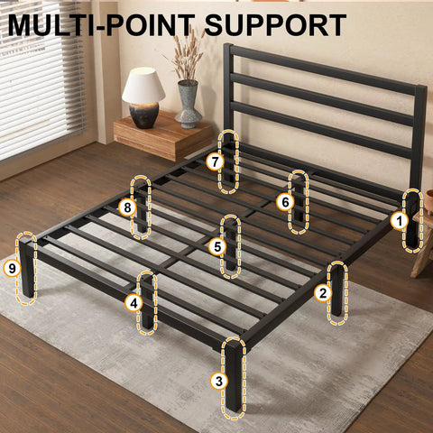 Heavy Duty Metal Platform Bed Frame With Attached Headboard And Dead Silent Construction In Premium Matte Black Finish, showing multi-point support.