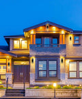 Front view of house with 12.8 Inch LED Outdoor Rectangle Wall Sconce Light Two Pack Dope Black Exterior Flood Light illuminating porch