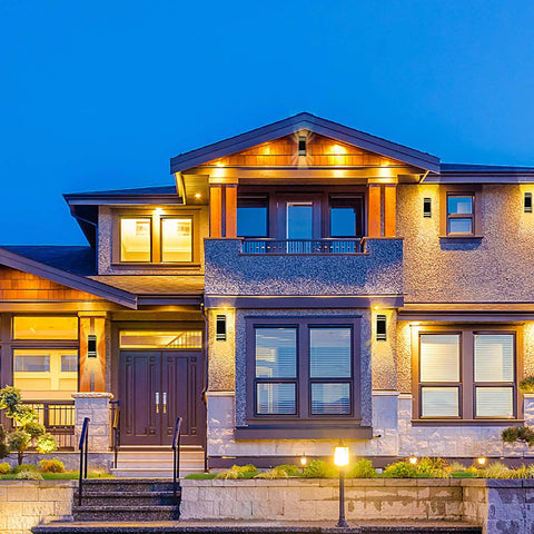 Front view of house with 12.8 Inch LED Outdoor Rectangle Wall Sconce Light Two Pack Dope Black Exterior Flood Light illuminating porch