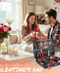 Couple exchanging gift next to an open All In One Home Tool Kit With 12V Cordless Drill And Magnetic Bits 138 Piece Set