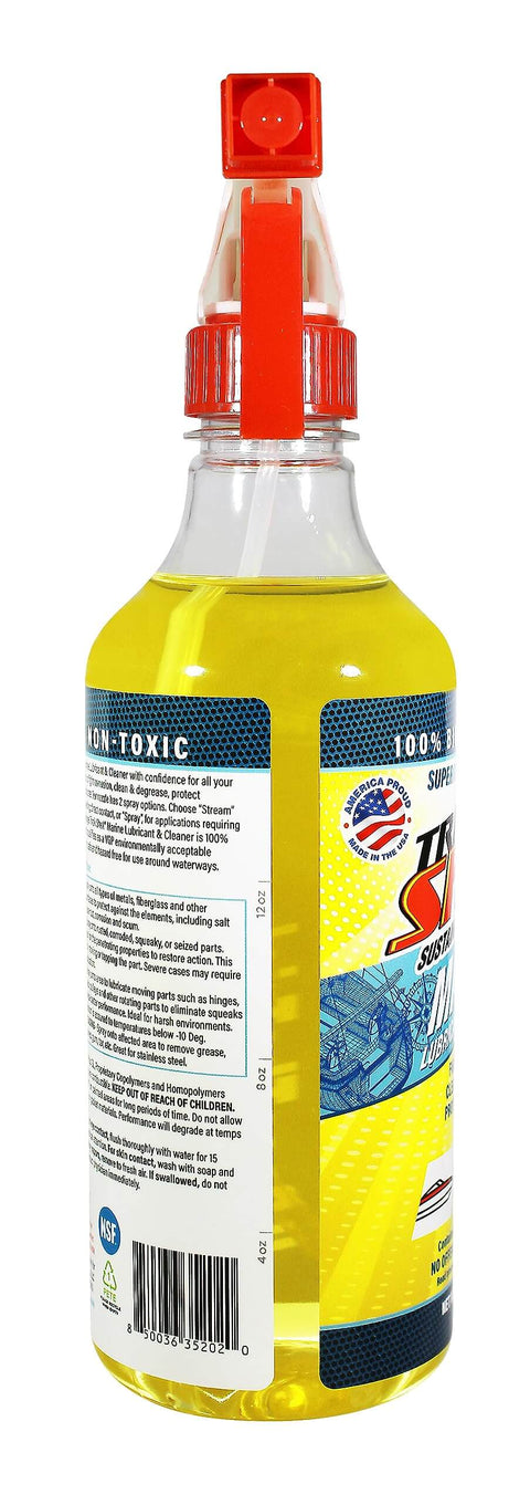Side view of Dockside Ready Marine Grade Lubricant And Penetrating Oil For Boats And Gear, Biodegradable Food Grade Rust Prevention Spray, Anti Seize, Cleaner And Lubricant For Galleys, Fiberglass And Fishing Gear, 16 Oz bottle with orange top