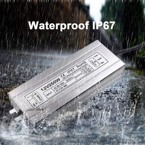 Beefy 250W 12V DC LED Driver Power Supply For Outdoor Use IP67 Waterproof Transformer in rainy outdoor setting