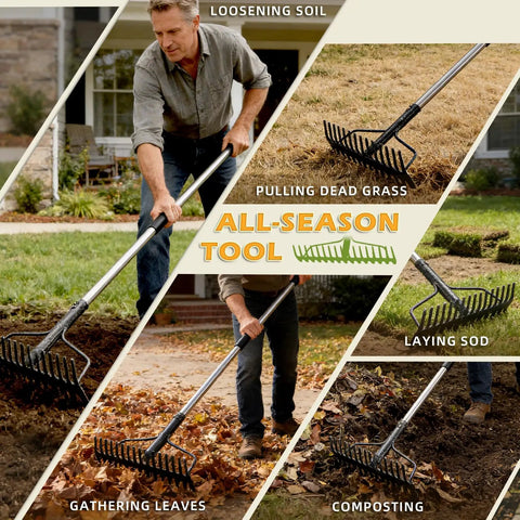 2-In-1 49 Inch Metal Garden Rake For Weeding And Loosening Soil Digs Deep Rakes Leaves Breaks Up Compacted Dirt Levels Stones Tool