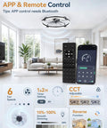 24 Inch Low Profile Ceiling Fan With Brushless Dc Motor And Smart App Remote Brings Fresh Cooling Vibes To Bedrooms Or Living Rooms While Featuring Stepless Dimmable LED Light And Tunable Warm Cool Tones In Matte Black, shown with remote and app interface.