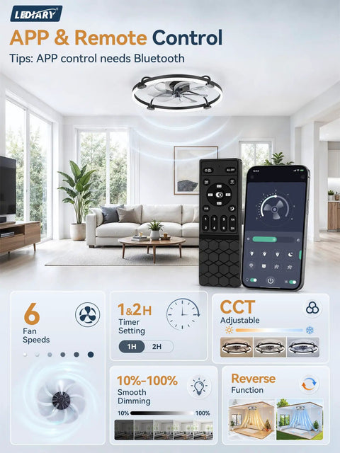 24 Inch Low Profile Ceiling Fan With Brushless Dc Motor And Smart App Remote Brings Fresh Cooling Vibes To Bedrooms Or Living Rooms While Featuring Stepless Dimmable LED Light And Tunable Warm Cool Tones In Matte Black, shown with remote and app interface.