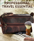 Genuine Full Grain Leather Toiletry Bag For Men Slick Travel Dopp Kit and Shaving Organizer on wooden surface with grooming tools.