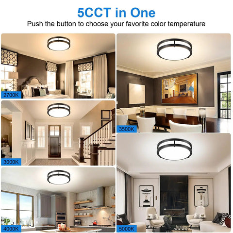 Living room and dining room setups with 65W Dimmable LED Flush Mount Ceiling Light With Remote showing color temperatures.