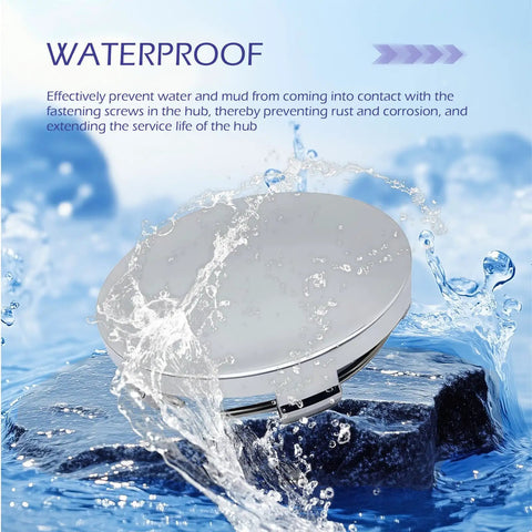 4 Pack Universal Snap In Wheel Center Caps High Polish Silver Rim Hub Covers OD 60mm ID 56mm in water, showcasing waterproof feature.
