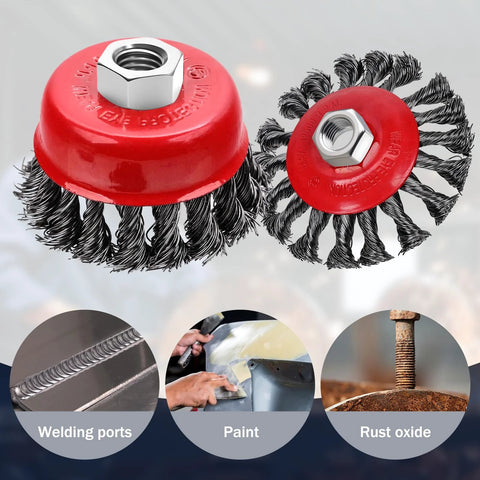 Two red-capped wire wheel brushes for angle grinders, front view with twisted carbon steel wires