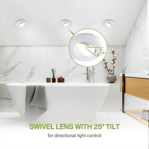 Bathroom with 6 Inch Gimbal LED Recessed Light With White Trim, 15W 1310 Lumen Dimmable Downlight, 25° tilt shown