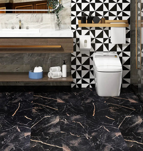 Marble Peel And Stick Floor Tiles Black 12 By 12 Inch 15 Pack Easy Install Self Adhesive Waterproof Vinyl Flooring for Bathroom