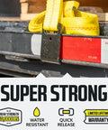 Rugged 2 Inch By 27 Foot Tie Down Straps Pack Of 4 With Flat Hooks Heavy Duty Ratchet Cargo Straps For Trailers And Trucks Yellow Load Securement For Safe Hauling in use on a trailer.