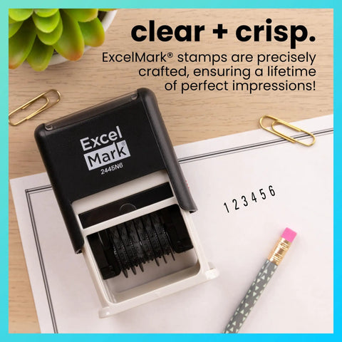 Hella Durable Self Inking Rubber Number Stamp Featuring Adjustable Six Digit Bands With Rich Black Ink  on paper with numbers.