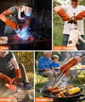 14 Inch 932F Heat Resistant Cowhide Leather Welding Gloves For Grill Pros And Home Cooks With Reinforced Palm used in welding, dog training, gardening, and barbecue.