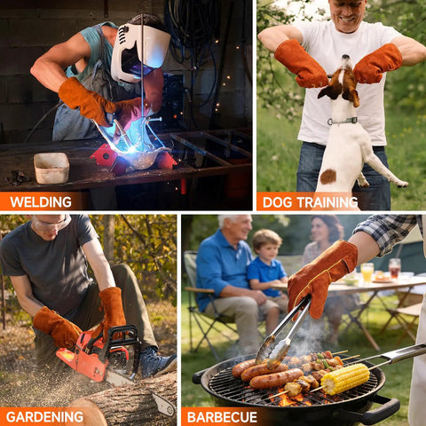 14 Inch 932F Heat Resistant Cowhide Leather Welding Gloves For Grill Pros And Home Cooks With Reinforced Palm used in welding, dog training, gardening, and barbecue.