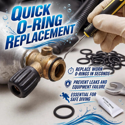 Save-A-Dive Kit For Scuba Gear Repair with O-Rings and hook tool, depicting quick O-ring replacement on scuba equipment.