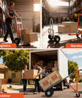 Heavy Duty Aluminum Three In One Convertible Hand Truck With Smooth Rolling Caster Wheels, Zero Hassle Assembly Folding Moving Dolly Cart in warehouse setting.
