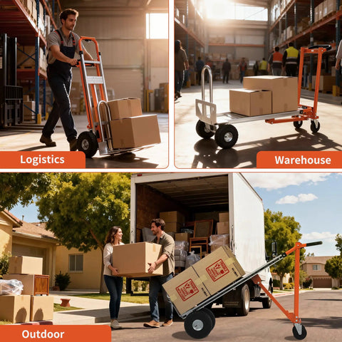 Heavy Duty Aluminum Three In One Convertible Hand Truck With Smooth Rolling Caster Wheels, Zero Hassle Assembly Folding Moving Dolly Cart in warehouse setting.