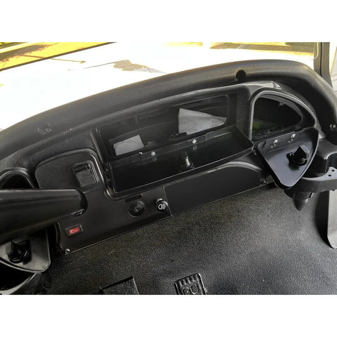 Premium Carbon Fiber Golf Cart Dash Cover For Club Car Precedent Tempo Onward 2008 5 Up Screw On Setup showing installed design.