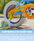 Rear view of Bluey Themed 12 Inch Girls BMX Bike With Coaster Brake, Steel Frame, Training Wheels, Colorful Decals And Bar Pad