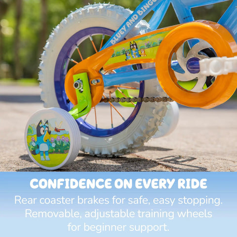 Rear view of Bluey Themed 12 Inch Girls BMX Bike With Coaster Brake, Steel Frame, Training Wheels, Colorful Decals And Bar Pad