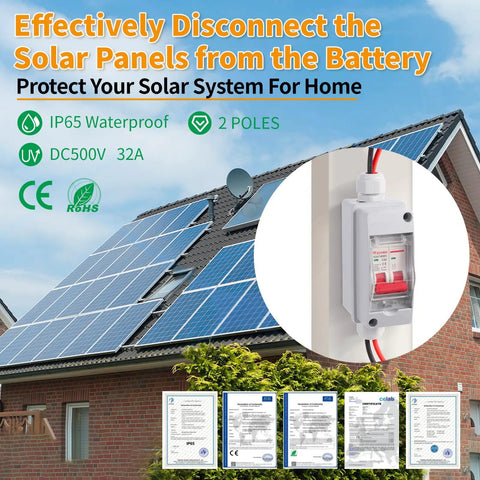DC 500V Solar Panel Disconnect Switch 32A IP65 Waterproof Miniature Circuit Breaker Box mounted on rooftop solar system