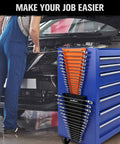 Two Piece Magnetic Wrench Organizer With 32 Slots For Toolboxes, Drawers And Garage, Keeps SAE Quarter Inch To One And One Sixteenth Inch And Metric Six To Twenty Four Millimeter Wrenches Neatly Stored, Black And Orange, 11 Pound Capacity, mounted on tool chest