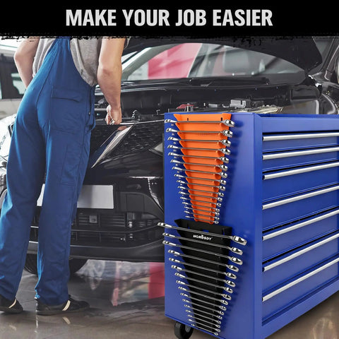 Two Piece Magnetic Wrench Organizer With 32 Slots For Toolboxes, Drawers And Garage, Keeps SAE Quarter Inch To One And One Sixteenth Inch And Metric Six To Twenty Four Millimeter Wrenches Neatly Stored, Black And Orange, 11 Pound Capacity, mounted on tool chest