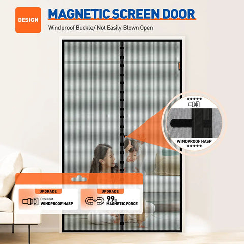 Magnetic Screen Door For 72 X 96 Inch Openings, Actual 74 X 97 Size, displayed with windproof buckle and magnetic force details