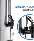 Close-up of non-drip water tap on Commercial Grade 50 Cup Percolator Coffee Maker And Hot Water Urn In Stainless Steel 8 Liter