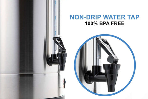 Close-up of non-drip water tap on Commercial Grade 50 Cup Percolator Coffee Maker And Hot Water Urn In Stainless Steel 8 Liter