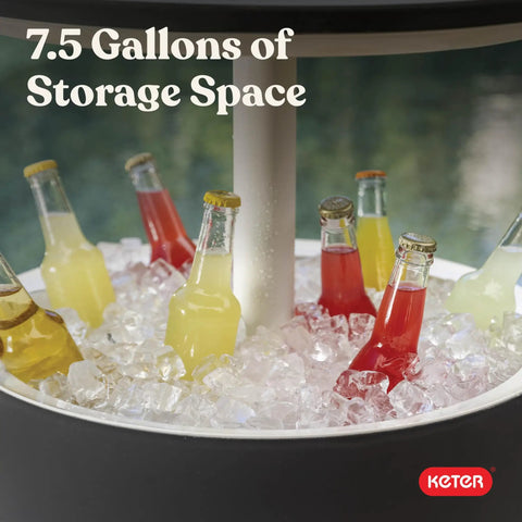 Close-up of 7.5-gallon cooler with bottles in ice, part of Modern Outdoor Bar Table With Built In 7.5 Gallon Beer And Wine Cooler