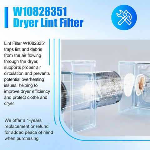 Illustration of upgraded No Nonsense dryer lint filter screen W10828351 in vent, showing lint and debris trapped in fine mesh.