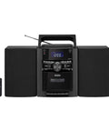 10 Watt Portable Bluetooth Home Stereo System With Detachable Speakers CD Cassette Player AM FM Radio Alarm Clock And Remote Control Model CD 785 Perfect Bangin Sound For Your Home Audio Setups And Family Movie Nights, front view with remote and antenna.