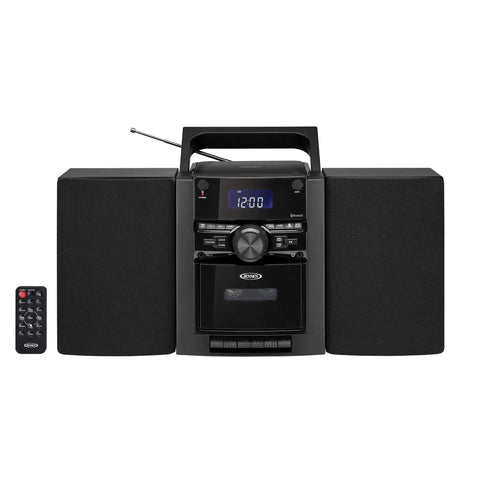 10 Watt Portable Bluetooth Home Stereo System With Detachable Speakers CD Cassette Player AM FM Radio Alarm Clock And Remote Control Model CD 785 Perfect Bangin Sound For Your Home Audio Setups And Family Movie Nights, front view with remote and antenna.