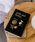 Champagne Bronze Cabinet Knobs With Backplate Set Of 6 and a book titled 'Milk and Honey' on a wooden table.