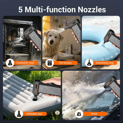 Beastly Turbo Cordless Air Duster 150000RPM Power used on computer case, pet drying, swimming ring, inflatable bed, and snow