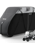 Built Tough Heavy Duty 600D Golf Cart Cover For 2 Plus 2 Seats Universal Fit Waterproof With Reflective Strips shown on a cart