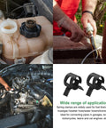 Collage showing applications of 10 Piece Fuel Line Clamps Set One Half Inch 14mm Beefy Spring Band Hose Clamps, black