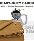 Beefy Heavy Duty Canvas Tarp 10x12 Ft 12 Oz 350 GSM Polyester Canvas Water Resistant With Rustproof Grommets close-up gauge measurement