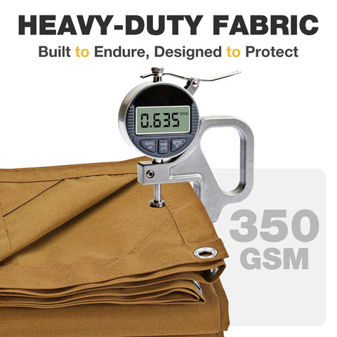 Beefy Heavy Duty Canvas Tarp 10x12 Ft 12 Oz 350 GSM Polyester Canvas Water Resistant With Rustproof Grommets close-up gauge measurement