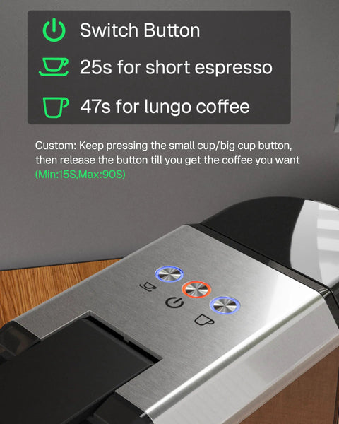 Close-up of 3 In 1 Universal Coffee Machine for Nespresso Original Line Pods K Cup Pods and Ground Coffee control panel