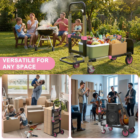 Premium 3 In 1 Convertible Folding Hand Truck Dolly Cart With Heavy Duty Steel Frame And Smooth Rolling Rubber Wheels Kickass Strength Built Like A Tank Pink Ready To Roll Anywhere with boxes and fruits at a family gathering.