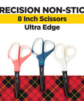 Precision Ultra Edge 8 Inch Non-Stick Scissors, Titanium-Fused Blades, Comfort Handles, 3-Pack for Crafting on plaid background