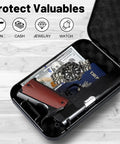 Open Portable Pistol Safe Small Lock Box With Steel Cable for Travel Home Office Car Use showing pistol, cash, watch.