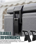 Heavy Duty Case Latch Replacement Set Black Two-Hole Mount Hardware on gray storage box lid, black metal latch