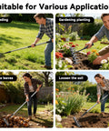 People using 7-Tooth Iron Weeding Rake With Long Handle, Heavy Duty Manual Garden Tool for diverse tasks like weeding and soil cultivation.