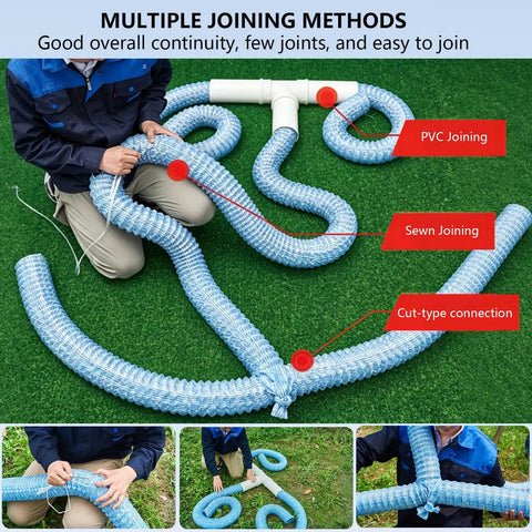Person demonstrating 2 Inch Perforated French Drain Pipe for Flexible Infiltration and Groundwater Drainage System with joining methods on grass.