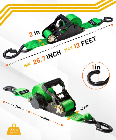 Beefy Retractable Ratchet Tie-Down Straps With 5,000 Lbs Breaking Strength showing dimensions and S-hook details