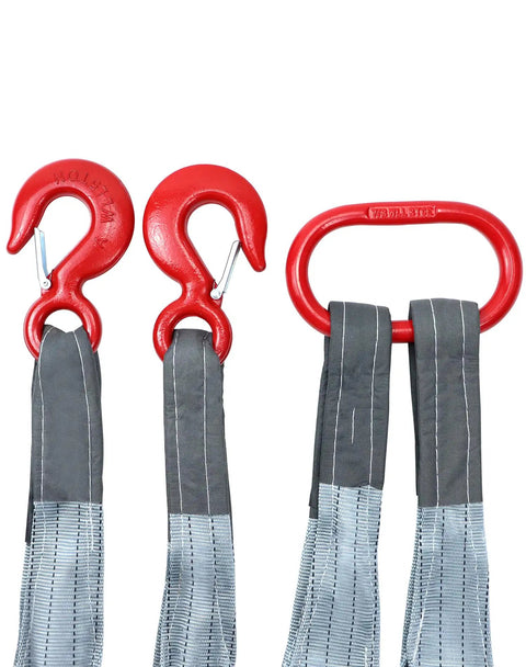Heavy Duty Two Leg Bridle Web Sling Polyester Lifting Strap With Tough Steel Grab Hooks 6.56 Feet Long showing two steel hooks.